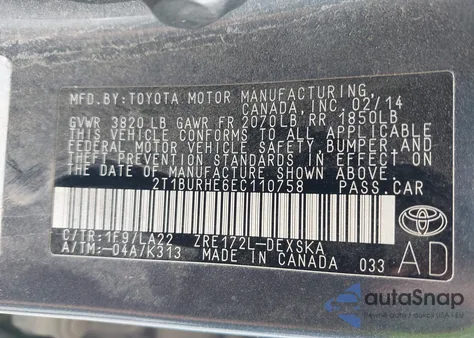 2014 Toyota Corolla L/Le/Le Pls/Prm/S/S Pls из США, поврежденный, VIN 2T1BURHE6EC110758